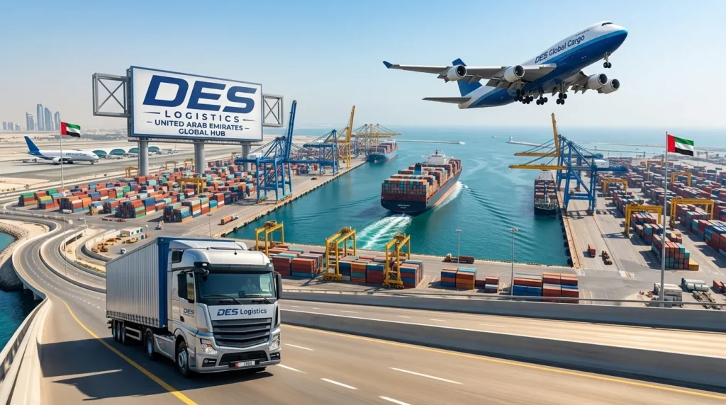 Cargo ship and airplane departing UAE port and airport - multimodal import export trade
