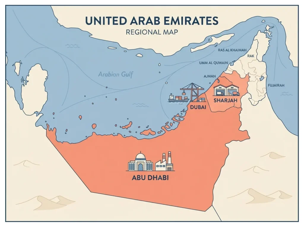 United Arab Emirates regional map showing Dubai, Abu Dhabi and Sharjah freight hubs