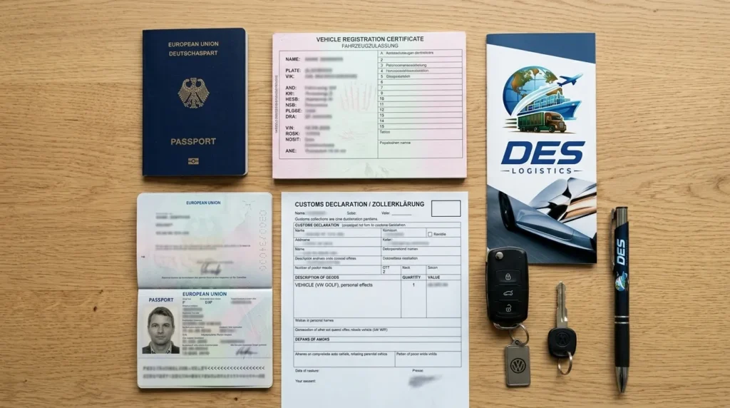 Des Logistics vehicle export documents – passport, registration certificate, customs declaration
