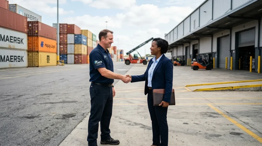 Des Logistics staff shaking hands with client outside warehouse at port