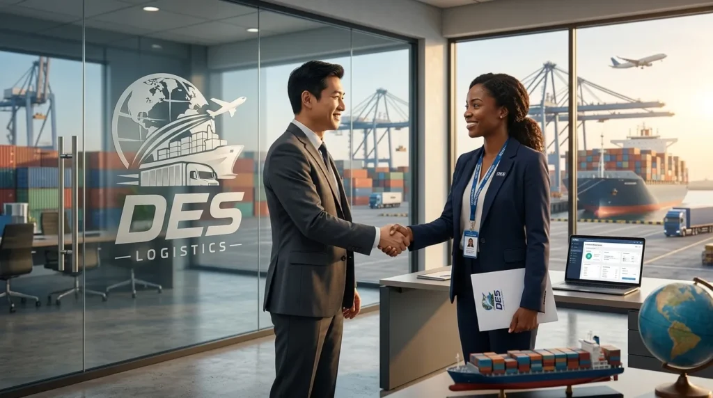 Client shaking hands with a custom clearance agent at a Dubai port office