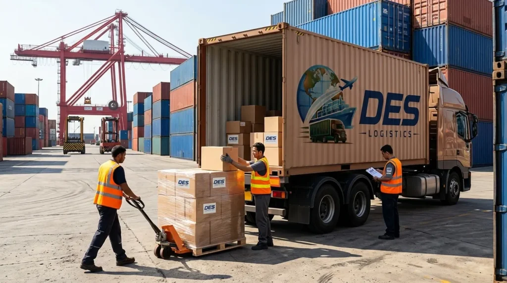 Cargo being released from Dubai port terminal onto delivery truck - customs clearance complete
