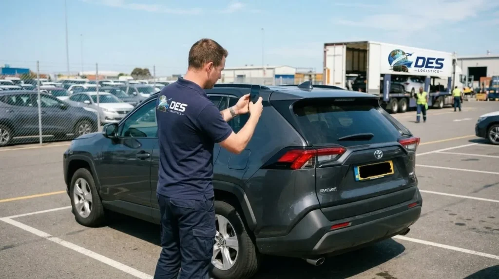 Des Logistics staff inspecting vehicle before shipment at storage yard