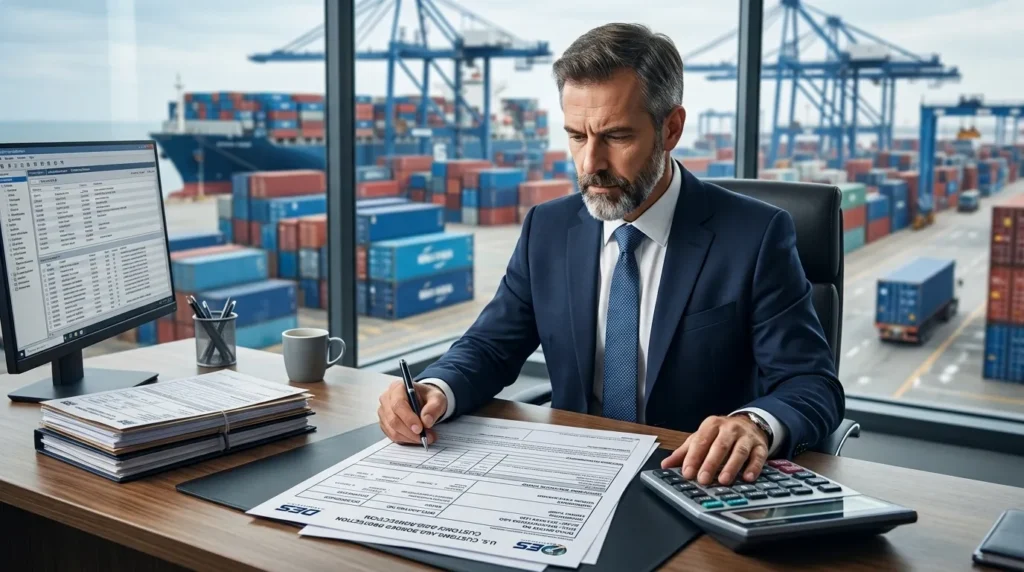 DES Logistics customs compliance officer reviewing import export documents at Dubai port