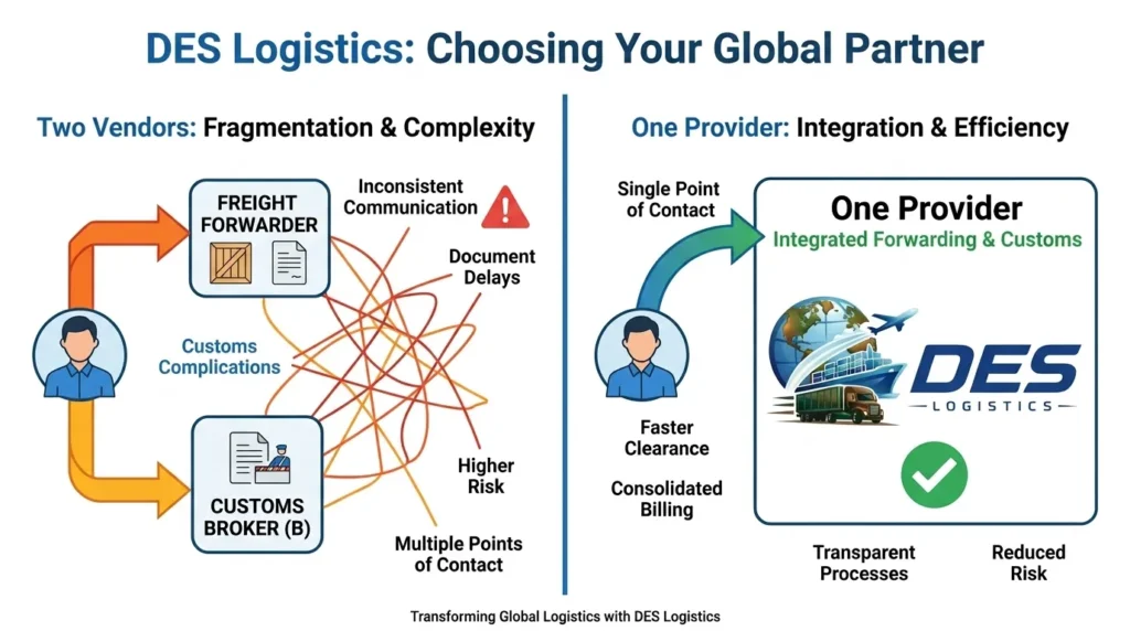 Two vendors versus one provider for freight forwarding and customs clearance, with DES Logistics as the single partner