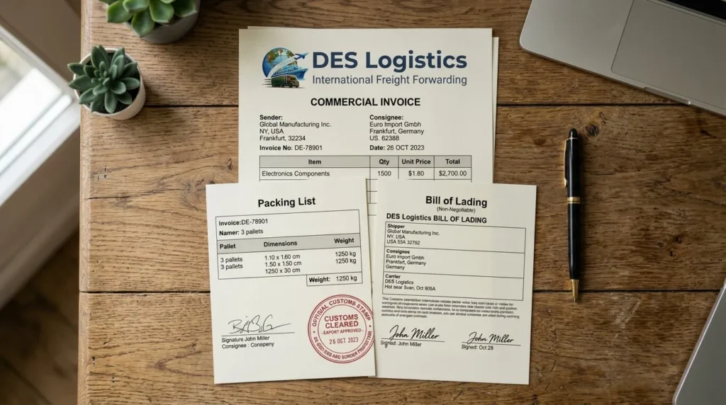 DES Logistics commercial invoice, packing list, and bill of lading documents