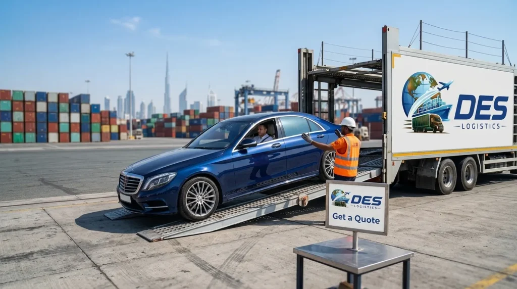 Des Logistics loading luxury sedan for export with Get a Quote sign at Dubai port
