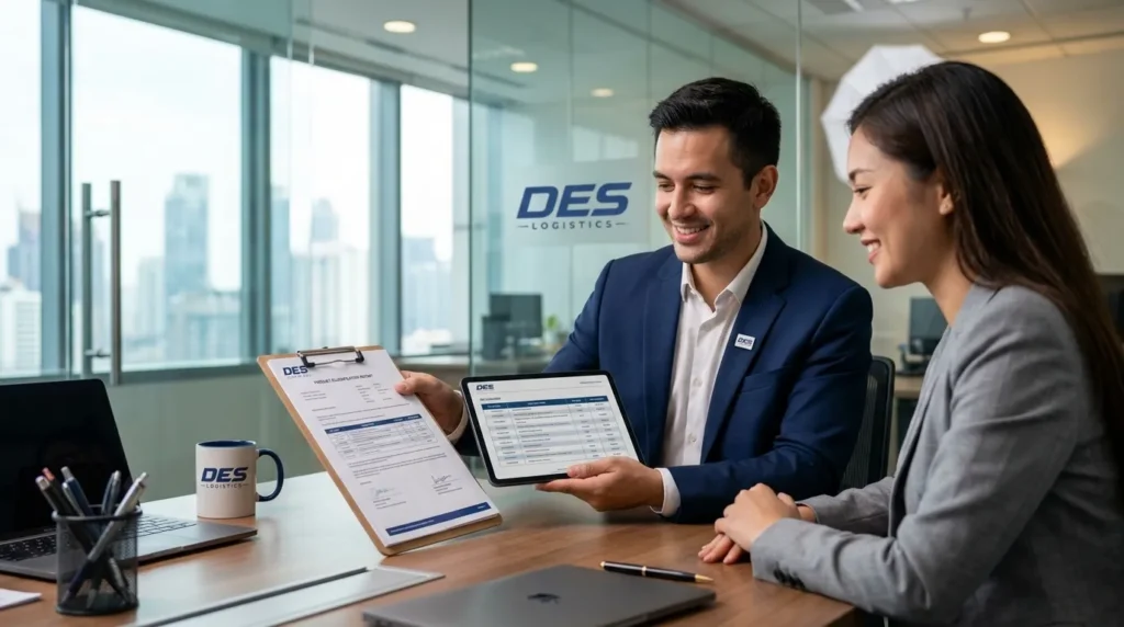 DES Logistics expert consulting a client on HS code classification for customs clearance