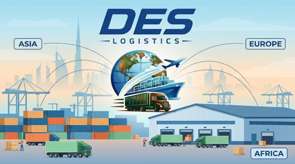 DES Logistics illustration of Dubai as a trade hub connecting Asia, Europe and Africa through ports, warehouses and trucks