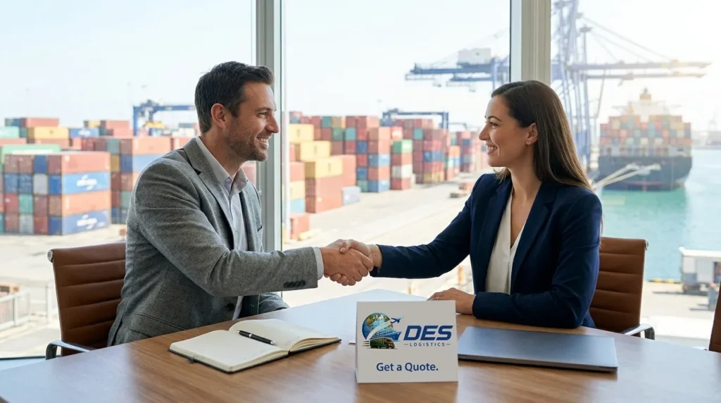 Des Logistics business handshake meeting with Get a Quote sign at port office
