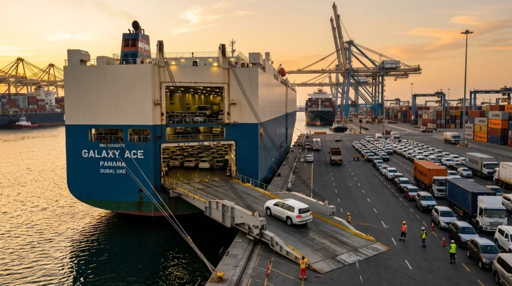 DES Logistics shipping container being loaded onto MSC Aurora cargo ship at sunset