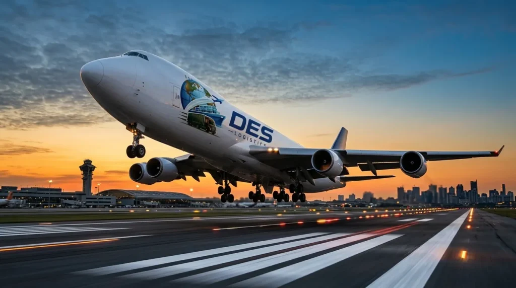 DES Logistics cargo plane taking off from airport runway at sunset