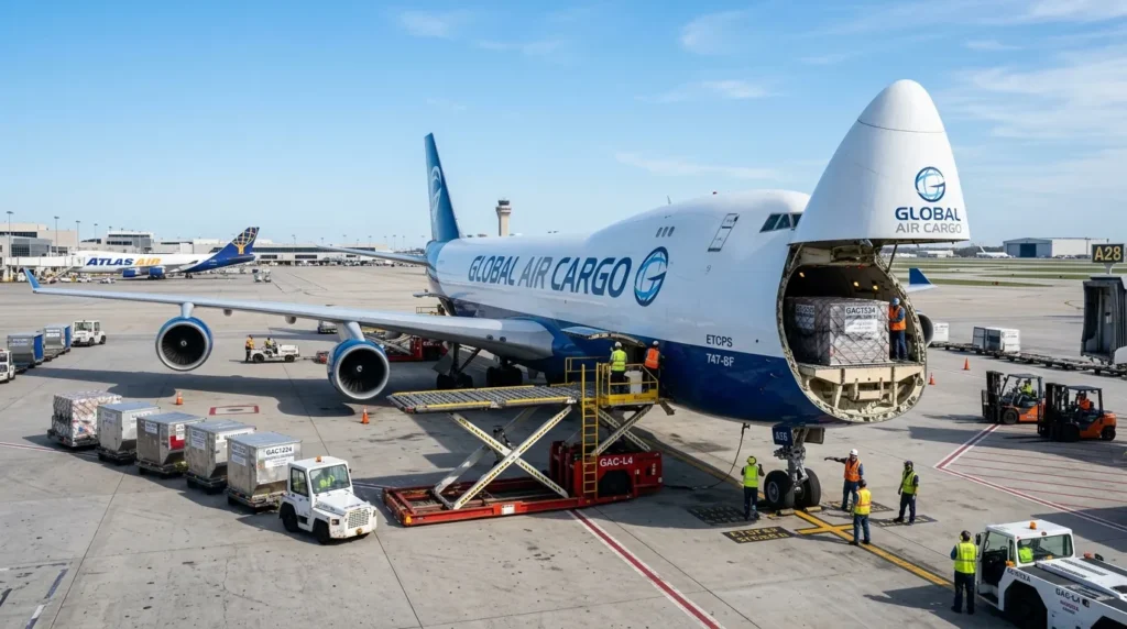 Global Air Cargo plane being loaded with freight at airport