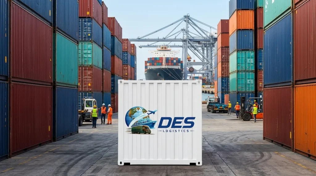 Des Logistics shipping container at port with cargo ship and cranes in background