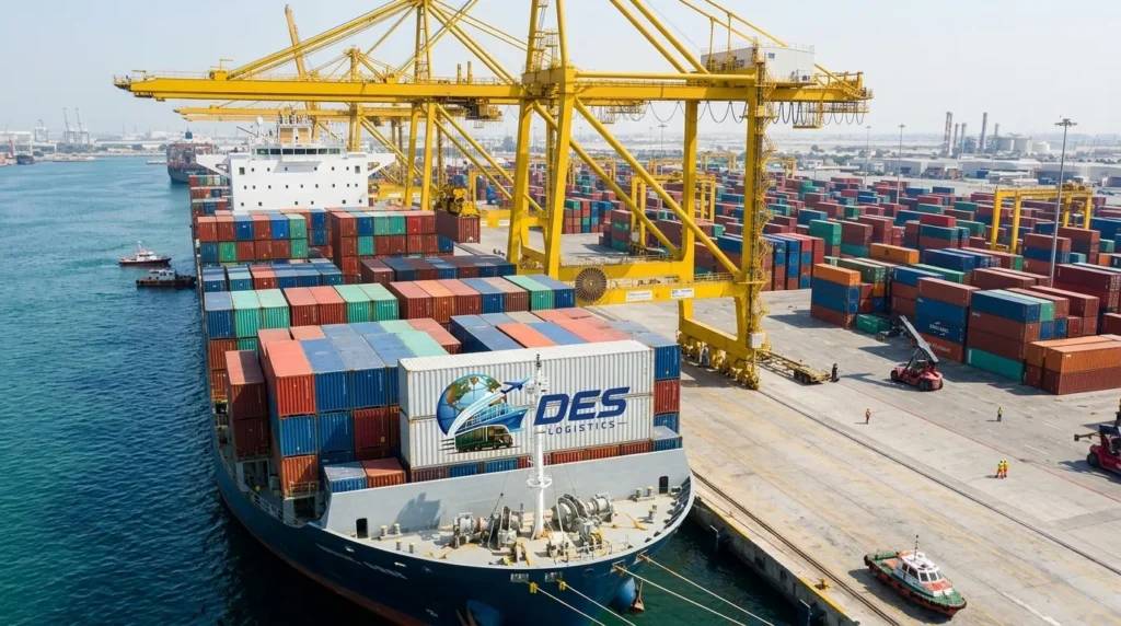 Des Logistics container ship loading at UAE port with gantry cranes