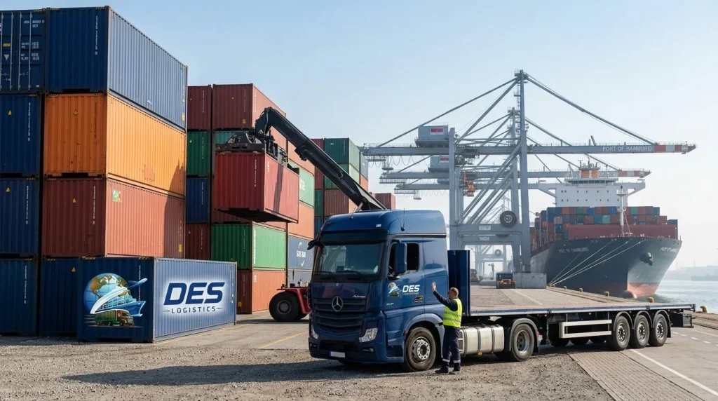 Des Logistics truck and crane handling shipping containers at port