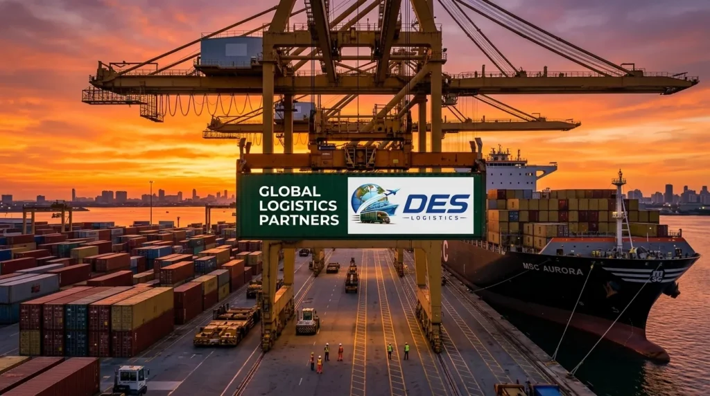 Des Logistics shipping container being lifted by crane at port during sunset