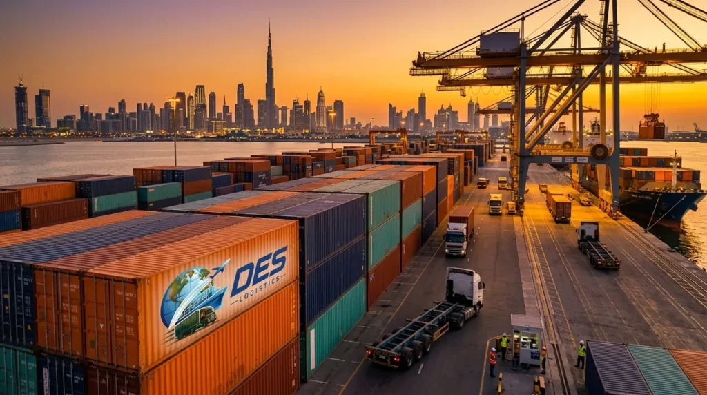 Des Logistics branded containers at Dubai port with Burj Khalifa skyline at sunset