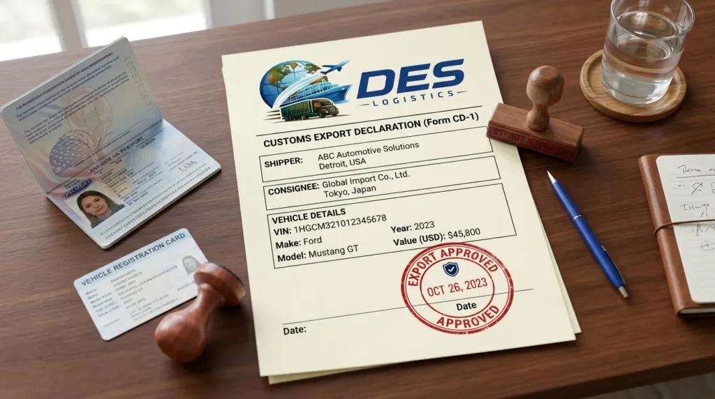 Des Logistics customs export declaration document with export approved stamp