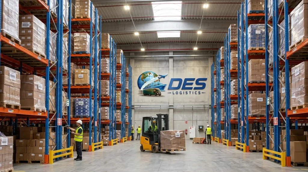 Des Logistics warehouse interior with forklift and stacked pallet racking