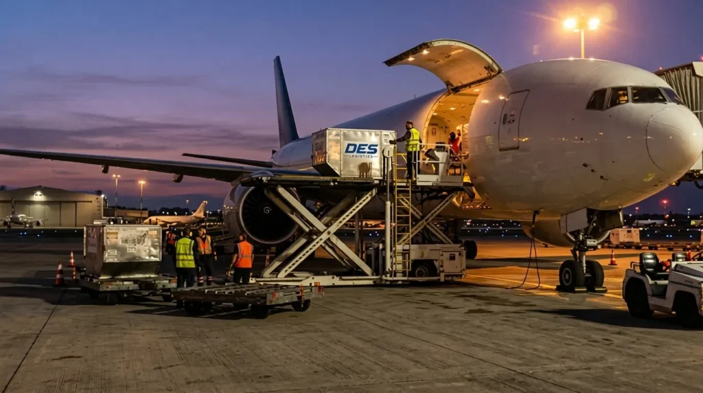 Des Logistics cargo container being loaded onto aircraft at dusk
