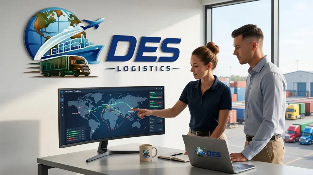 Des Logistics team reviewing shipment tracking dashboard in Dubai office