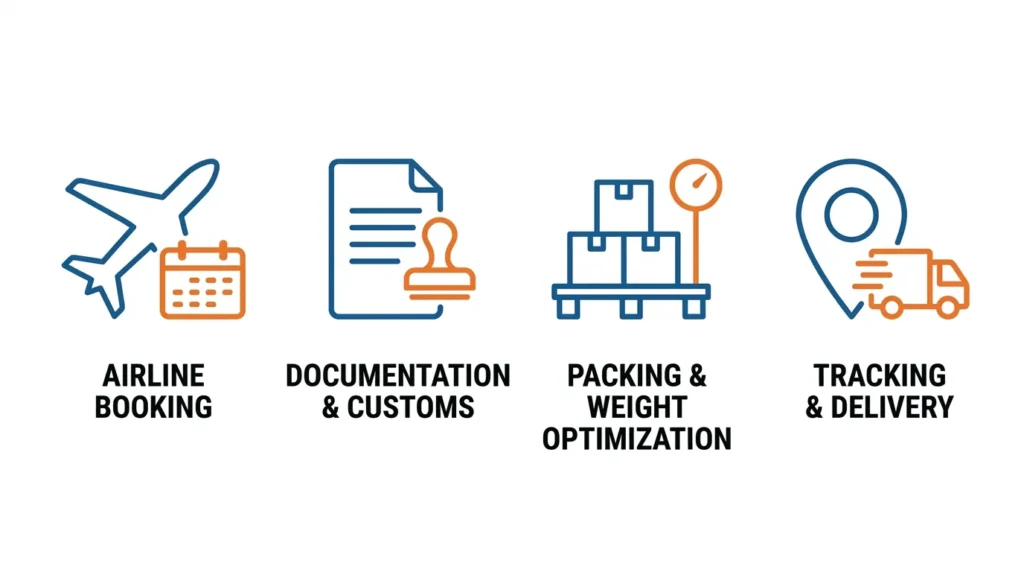 Icons showing four steps of the air cargo shipping process
