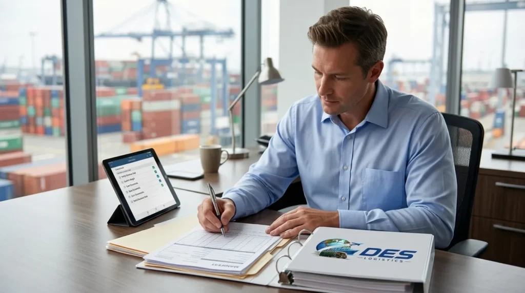 Des Logistics staff reviewing customs clearance documents at port office
