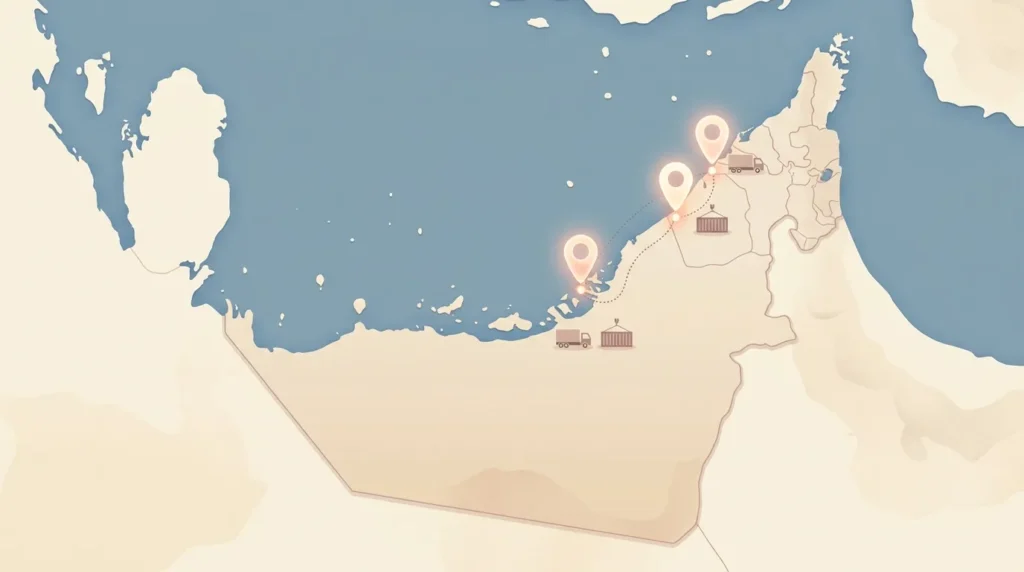 Map showing logistics companies near me across Dubai, Abu Dhabi, and Sharjah