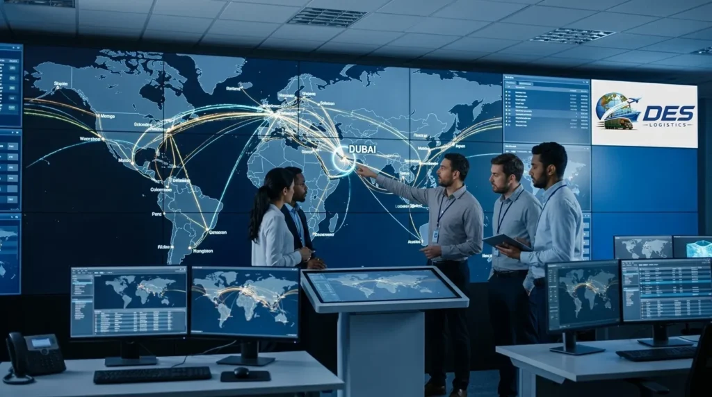 Des Logistics operations team tracking global shipments on world map dashboard