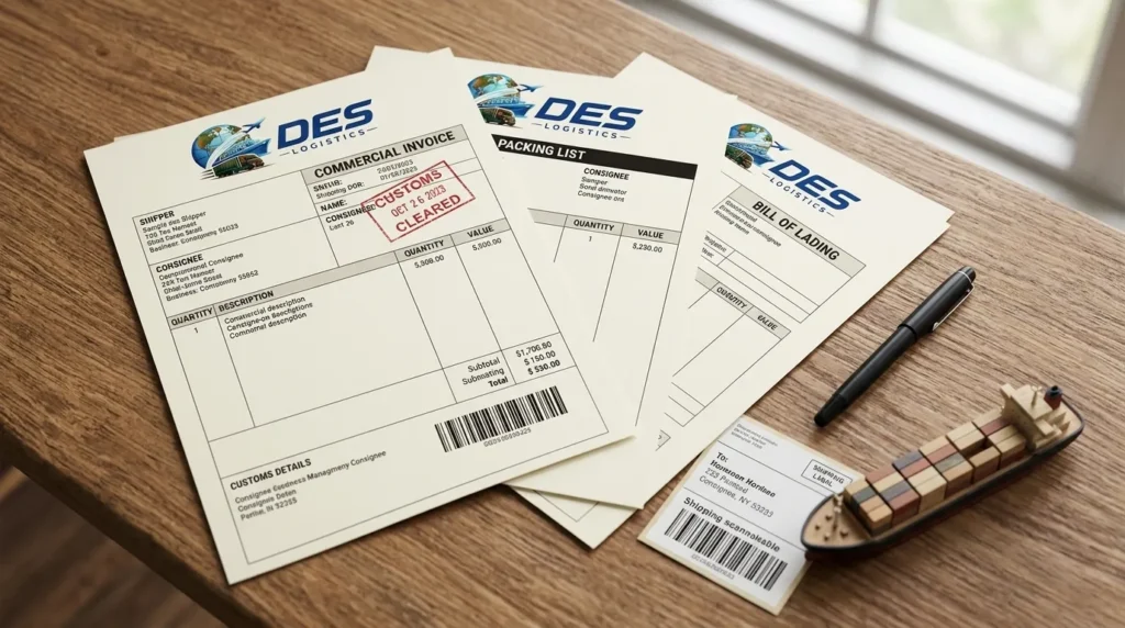 Des Logistics shipping documents with customs cleared stamp and model cargo ship