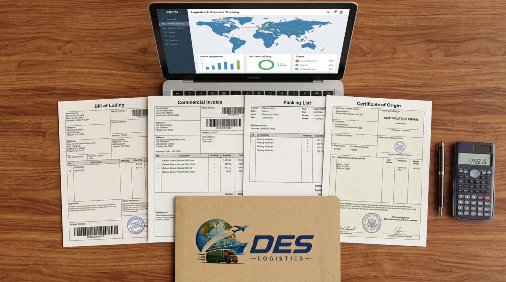 Des Logistics shipping documents and laptop tracking dashboard flat lay