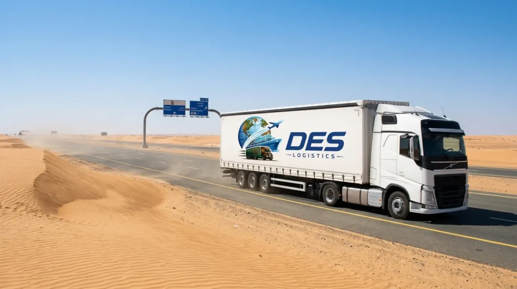 Des Logistics truck driving on desert highway in the UAE