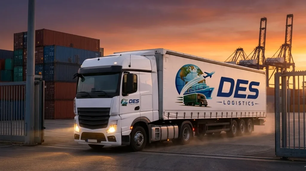 Des Logistics truck leaving container yard at sunset