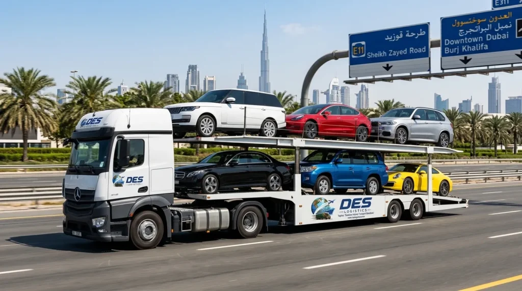 Des Logistics car carrier truck transporting vehicles on Dubai highway