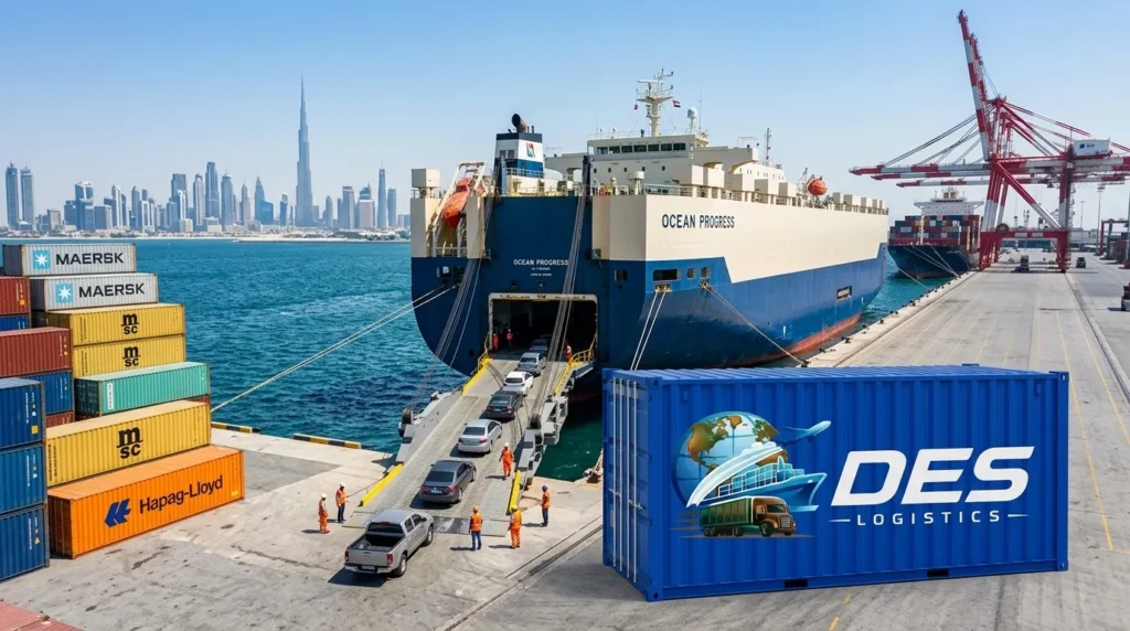 Des Logistics container at Dubai port with RoRo vehicle carrier ship loading cars