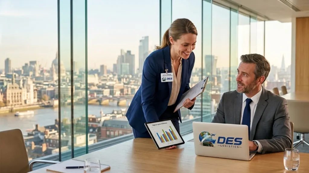Des Logistics team members discussing shipment data in a meeting room
