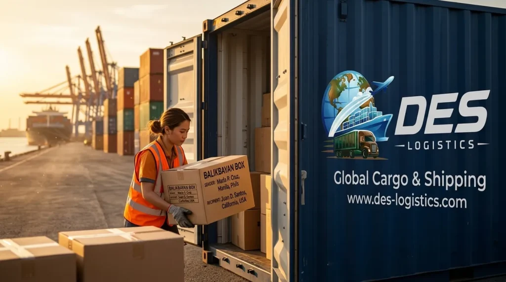 Des Logistics worker loading cargo boxes into shipping container at port