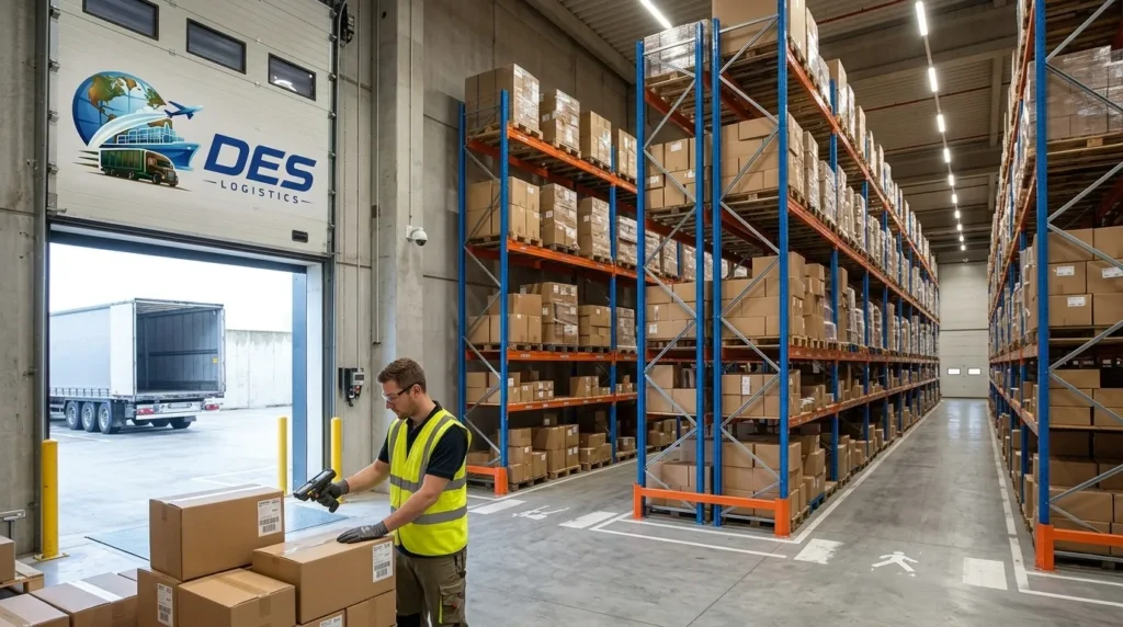 Des Logistics warehouse worker scanning packages with barcode scanner