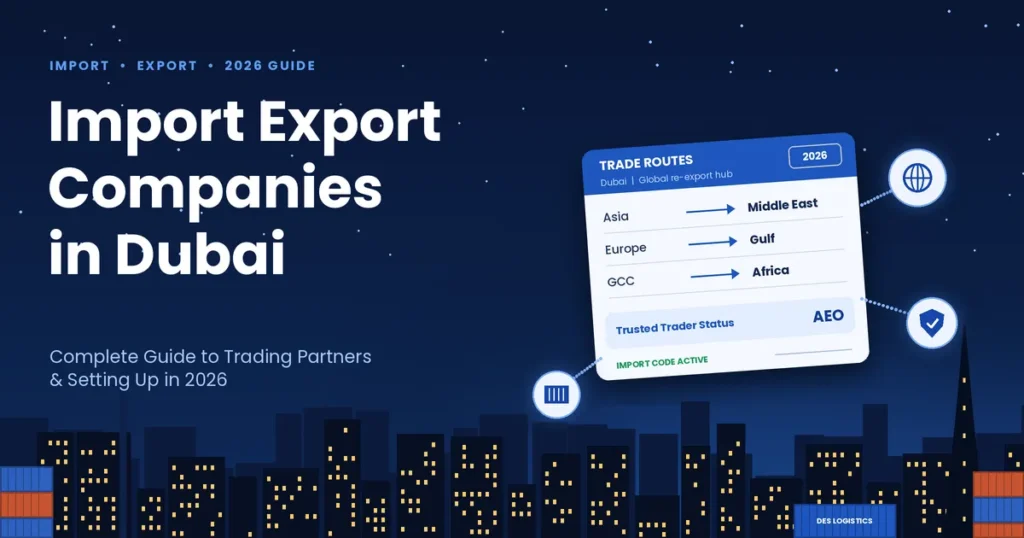 Import export companies in Dubai 2026 guide showing global trade routes from Asia, Europe and GCC over the Dubai skyline