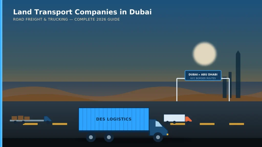 Land transport companies in Dubai – container trailer, flatbed and reefer trucks on desert highway