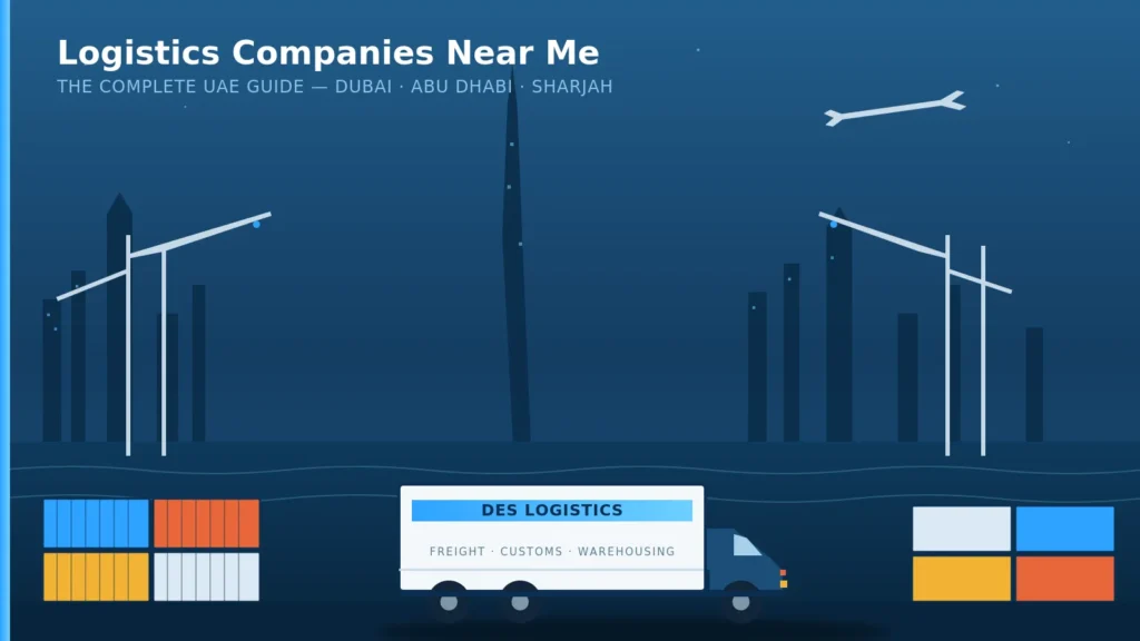 Logistics companies near me in Dubai UAE – Des Logistics freight truck with shipping containers and port cranes