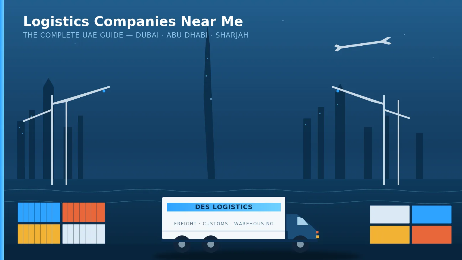 Logistics companies near me in Dubai UAE – Des Logistics freight truck with shipping containers and port cranes
