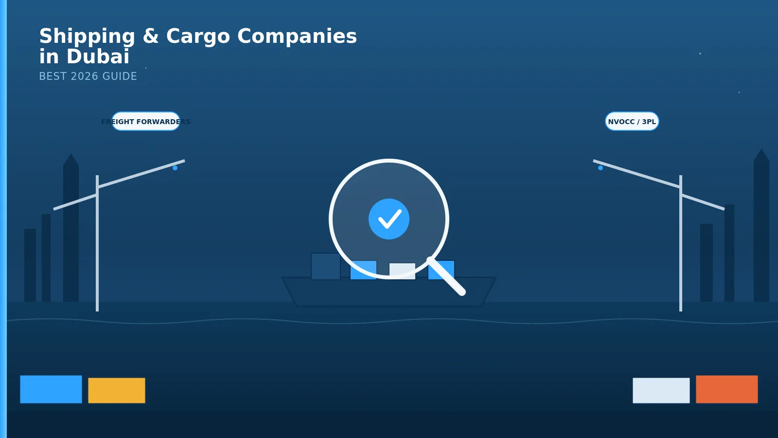 Shipping and cargo companies in Dubai guide with magnifying glass over cargo ship